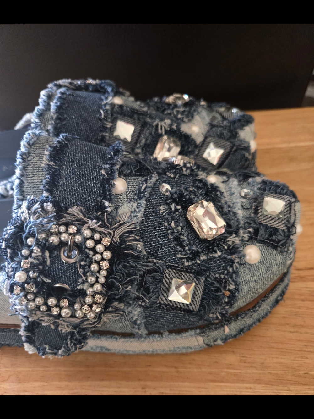 Gianni Bini Omari Denim Patchwork Jewel/ Pearl  Platform Clogs - Picture 4 of 9